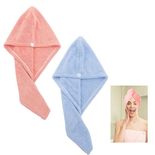 2 toallas de microfibra para el pelo, toalla para el cabello, toallas de microfibra superabsorbentes, con botones, turbante retorcido, rápido y absorbente para secar el cabello largo