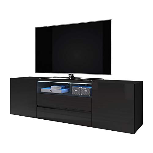 Selsey Bros - Mueble TV Minimalista/Mesa TV/Mueble para Salón/Mueble TV Moderno (con LED, Negro Mate/Negro Brillante)