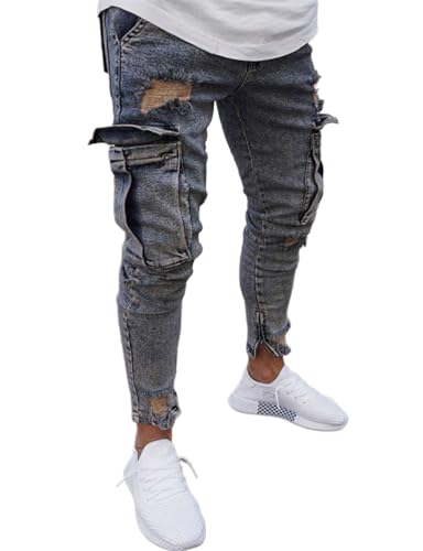 IDEALSANXUN Mens Cargo Ripped Skinny Fit Stretch Distressed Jeans Denim Pants