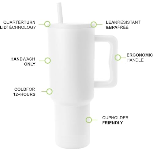 Image of NYRWANA 1200ML Stainless Steel Tumbler - Hot & Cold | Double Insulated Travel Mug with Handle, Leak-Proof Lid & 2 Straws | Dishwasher Safe | Fits Cupholders | Ideal for Gym, Travel & Office (White)