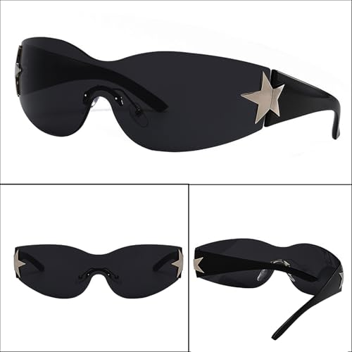Cool Fun 2000s Women's Y2K Stuff Rave Jewelry Accessories,Black Wrap Around Sunglasses Stars Hair Clips and Gothic Heart Earrings Set2