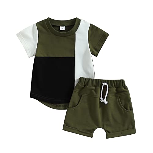 Toddler Baby Boy Summer Clothes Short Sleeve Contrast Color T Shirt Top With Pocket Shorts Newborn 2Pcs Outfits Set (Green, 6-12 Months) #TOP23