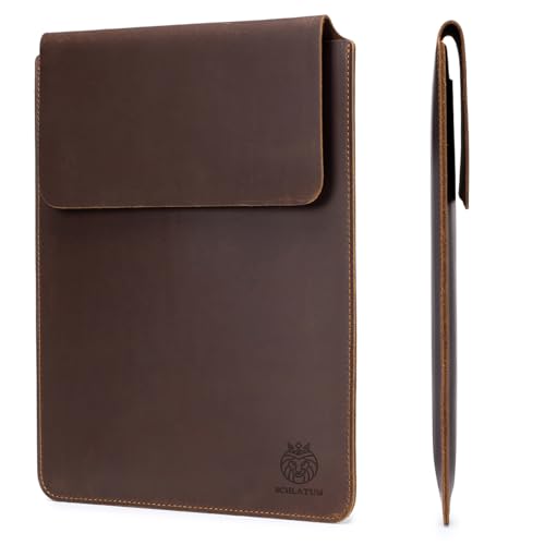 Image of 13 /14 Inch Laptop Sleeve Genuine Leather Slim Soft Solid Lightweight Tablet Cover with Flap Closure, Brown
