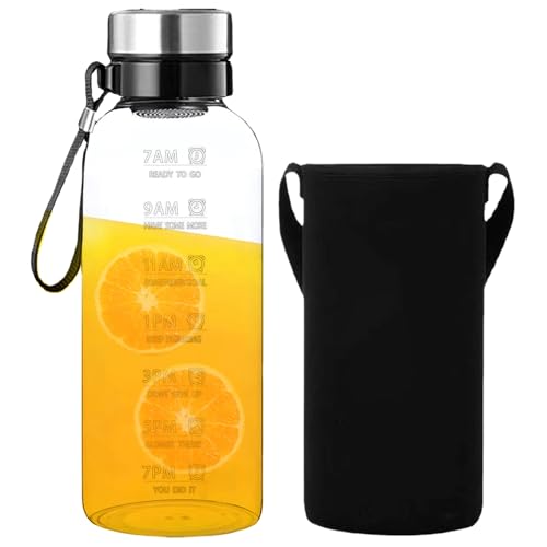 2L Wasserflasche mit Zeitmarker, klares Borosilikatglas, durchlaufsicherer Geschirrspüler mit Lanyard -Ärmel & Filter