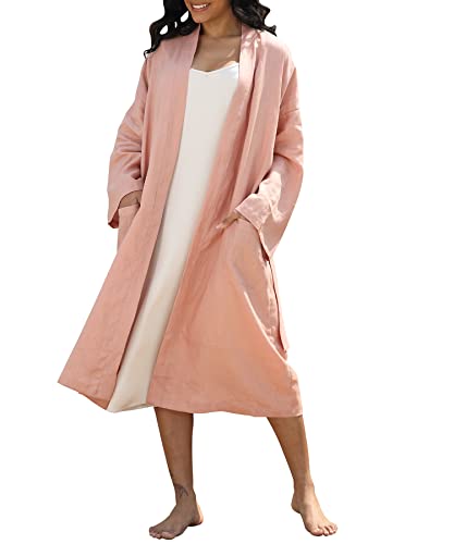 Image of Amazhiyu Womens Pure Linen Mid Length Kimono Robes Lightweight Long Sleeve Bathrobe