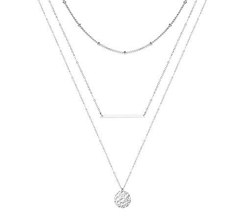 Forevereally Dainty Layered Necklace Lariat Bar Choker Necklace Hammered Disc Pendant Necklace Simple Chain Necklace for Women
