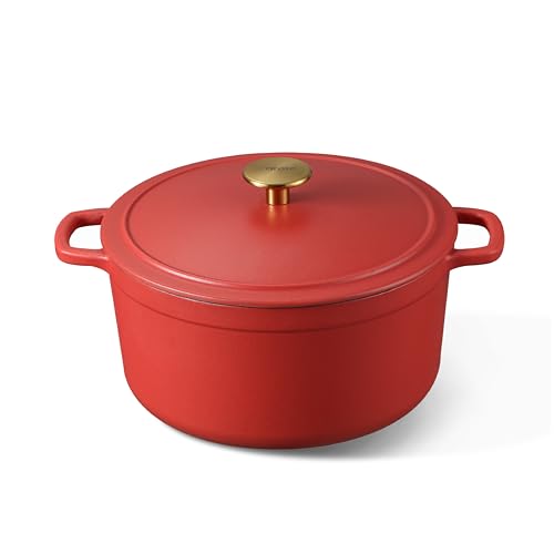 CAROTE Enameled Cast Iron Dutch Oven Pot with Lid, Enameled Dutch Oven for Sourdough Bread Baking, Braising, Stews, Dual Handles, Heavy-Duty Cast Iron Pot, 5QT, Red