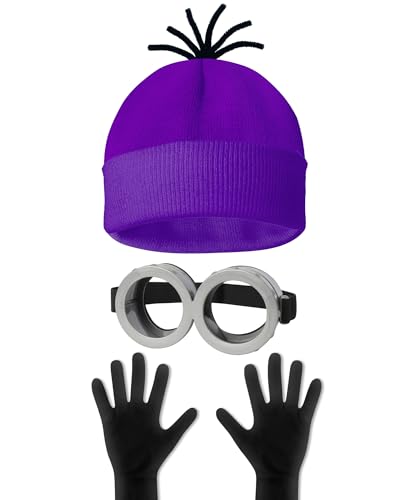 HEYFIZZ 3 Pcs Halloween Costume Accessories Adult Purple Beanie/Goggles Glasses/Gloves for Women Men Cosplay Party Set