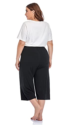 Zerdocean Women's Plus Size Wide Leg Casual Lounge Pants Comfy Capris Relaxed Pajama Bottoms Drawstring Pockets Black 4X #TOP3