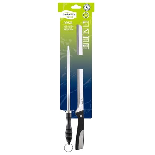Genérico Set corte jamón 2 piezas (Cuchillo Jamonero + Chaira) - Acero Inoxidable - Mango Polipropileno negro con detalles en acero inoxidable.