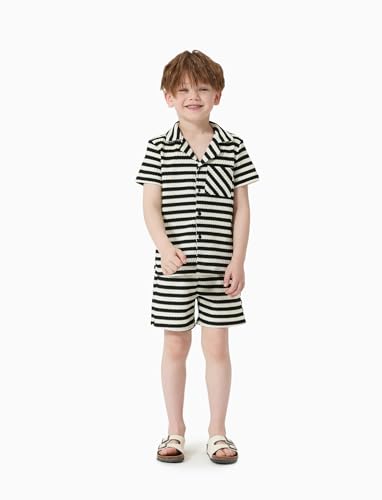 Image of PATPAT Family Matching Summer Outfits, Ribbed Knit Striped Women Skirt Set, Men Button Down Shirt and Kids Outfits