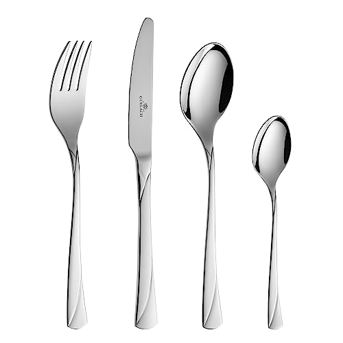 Gerlach Valor Besteck-Set für 6 Personen Spülmaschinenfest Essbesteck Edelstahl Tafelbesteck Messer Gabel Löffel Teelöffel Kuchengabel Soßenlöffel Kuchenspachtel Gläzend Rostfrei 24 Stk