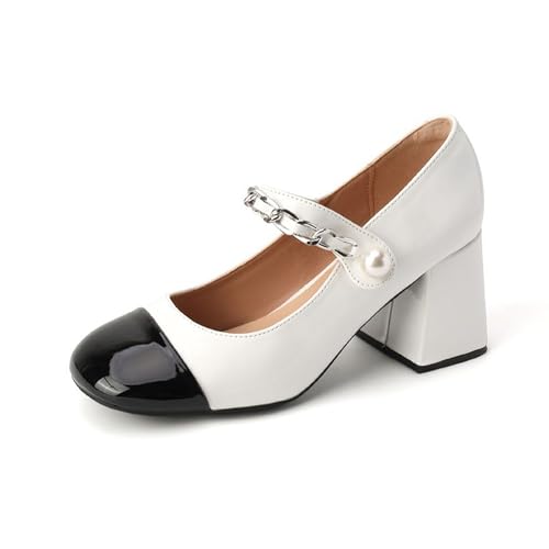 BAICAIBAI Mary Jane Zapatos de Tacón para Mujer Vestir Grueso 2,75 Pulgadas Janes con Correa Tobillo Fiestas Bodas Fiesta Noche CláSico Sandalias Pumps Dress,Off,White