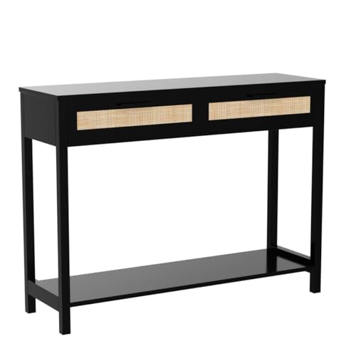 CREATIVELAND 2 Drawers Console Table, Oxford Rattan Console Table, Entry Storage Rustic Sofa Side Table for Living Room, Hallway Foyer, Durable Modern Wood Furniture Decorative - Thumbnail 5