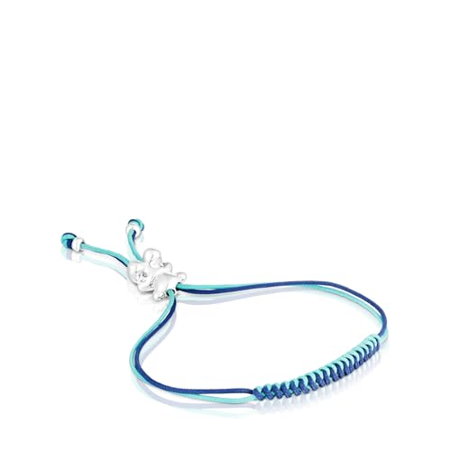 TOUS Pulsera de Cordón Turquesa y Azul Marino Para Mujer con Motivo de Oso de Plata de Primera Ley, Colección Bold Bear