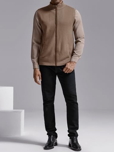 Image of Ryannology Mens Sweater Vest Zip up Casual Sleeveless Cardigan Knitted Stand Collar Regular Fit Jacket with Pockets