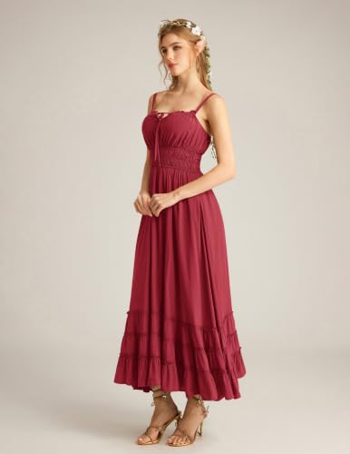 Scarlet Darkness Women's Summer Maxi Dress 2026 Boho Sleeveless Ruffle Flowy Milkmaid Sundress with Pockets Wine XL — view 3
