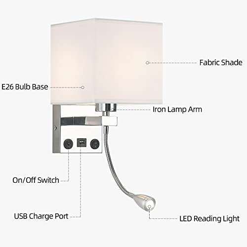 Image of Sconces Wall Lighting Hardwired Modern Wall Lights for Bedroom with USB Port and Reading Lamp, Bedside Wall Lamps for Hotel, Living Room, Office (Silver)