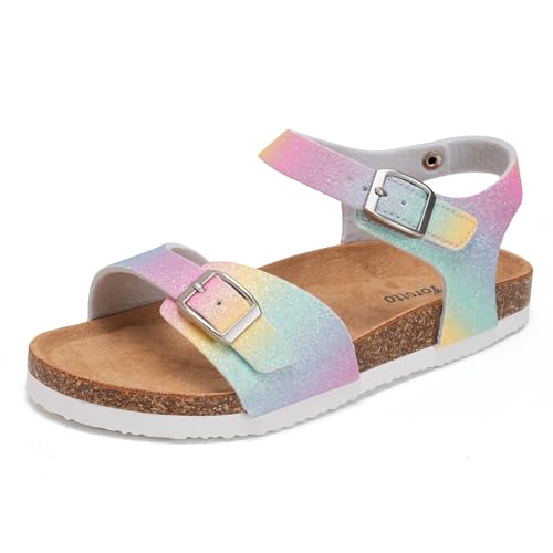 Torotto Kinder Sandalen Mit Kork Sandaletten Jungen Mädchen Strandsandalen Riemen Verstellbare Schnalle Rutschfeste mit Klettverschluss Riemchensandalen für Drinnen und Draußen(Regenbogen 32EU)