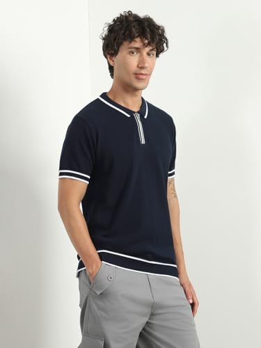 Image of NOBERO Men's Textured Polo Shirt, 100% Cotton Flat Knit, Regular Fit, Vibrant Hues, Classic Polo Collar, Soft & Breathable Casual Wear