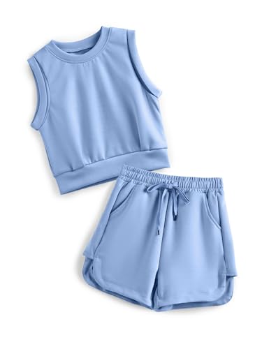 Image of Girls 2 Piece Outfits 2025 Trendy Clothes Summer Cute Sleeveless Tops Shorts Clothing Sets Activewear