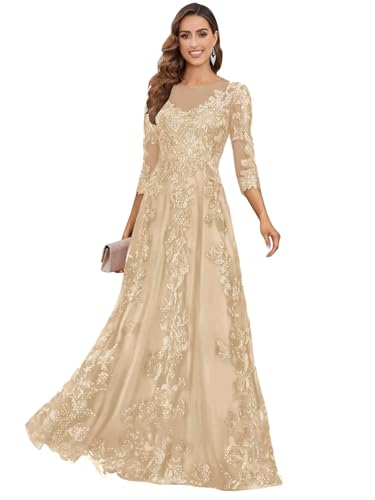 Sukleet Tulle Lace Mother of The Bride Dress for Women 3/4 Sleeves Scoop A Line Long Formal Evening Dress