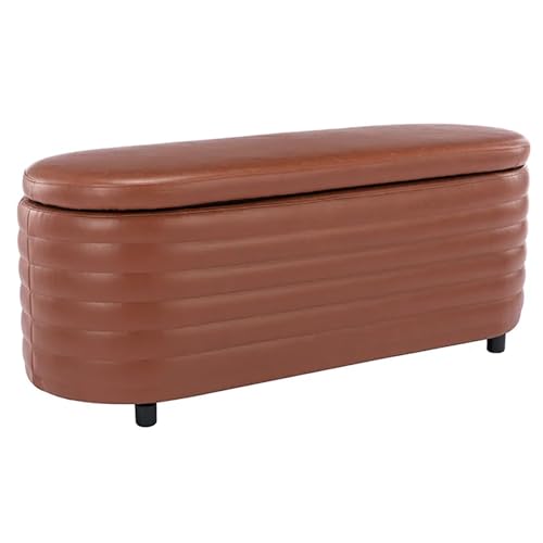 Banc de rangement ovale de 80 cm en marron avec assise pouf rembourrée pour salon