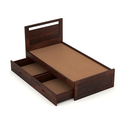Image of Solid Sheesham Wood Bed 6X3 Single Bed with Drawer Storage for Bedroom - Single Cot Wooden BedSingle Size for Living Room Guest Room - 12 Months Warranty (Henry Walnut, 6X3 Drawer)