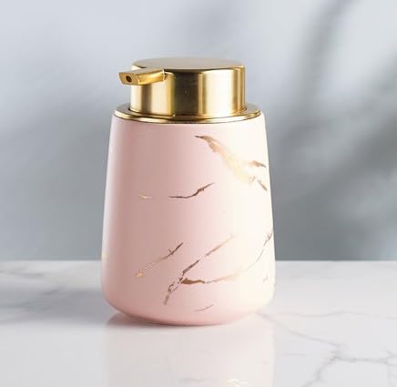 Image of Luxury Ceramic Soap Dispenser (Luxe Pink) - 400ml Wide Modern Refillable Lotion Shampoo Handwash Bottle Matte Pink with Gold Marbling Premium Countertop Accessory for Bathroom, Kitchen & Wash Basin