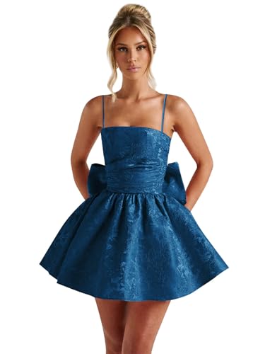 GUKARLEED Jacquard Satin Homecoming Dresses for Teens with Bow Puffy Spaghetti Straps Mini HOCO Dress A-line Short Prom Dress