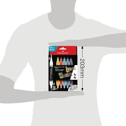 Image of Faber-Castell Black Edition Shake & Paint Acrylic Marker - Classic Colours, Box of 6 | Dual-Tip, Water-Based, Permanent Paint Markers for Multi-Surface Use | Acrylic pens with double tip (1 mm and 3 mm) for paper, wood, glass, stone and more