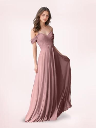 Women's V Neck Spaghetti Straps Bridesmaid Dresses Off Shoulder Long Wedding Guest Dress with Pockets3