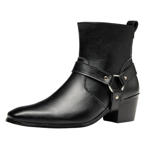 BEMNRVT Men's Harness Boot,Fashion Chelsea Cowboy Western Style Biker Boot Chunky Heel with Strap & Metal,Side Zipper for Casual Formal Black 11 US