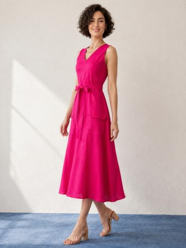 Image of PURVAJA Women's Fit & Flared Midi Length Sleeveless V-Neck Solid Dress