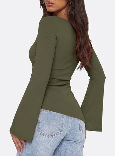 PRETTYGARDEN Women's Bell Long Sleeve Shirts 2026 Fall Boat Neck Ruched Asymmetrical Going Out Tops Ribbed Y2K Clothes(Army Green,Medium) — view 5