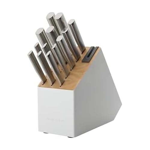 Image of KitchenAid Slim Two-Tone Knife Block Set with Built-In Knife Sharpener, Stainless Steel Kitchen Knives, Sharp Kitchen Knife Set with Block, 14-Piece, White