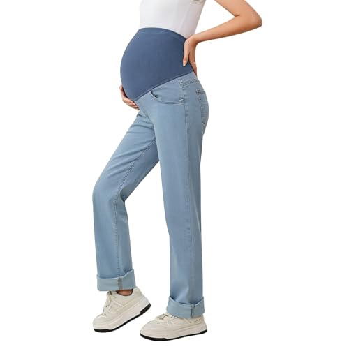 Pantalones Vaqueros Mujer de Maternidad Cintura Elástica Alta Pantalon Vaquero de Pernera Ancha Holgados Casuales Color Sólido Pantalón con Forro Polar para Embarazo Premamá Denim Jeans