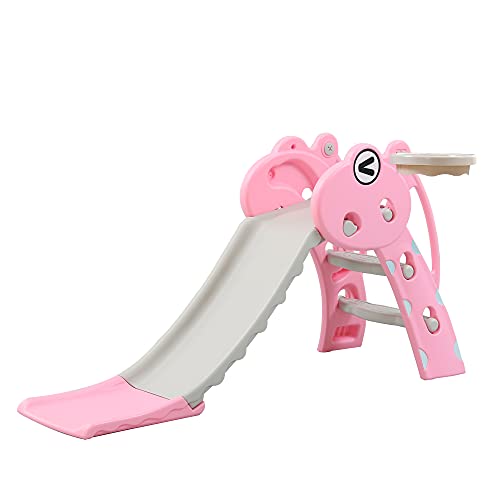 Image of Toddler Slide Set Kids Folding Slide with Basketball Hoop Children Climber Slide for Indoor and Outdoors Playground Play Set (Fawn Pink)