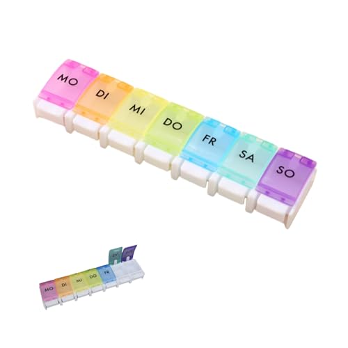 Tablettenbox 7 Tage, Medikamentenbox 7 Tage, Pillendose 7 Tage Fächer, leicht zu öffnen, mit Wochentagen auf Deutsch Medikamentenbox