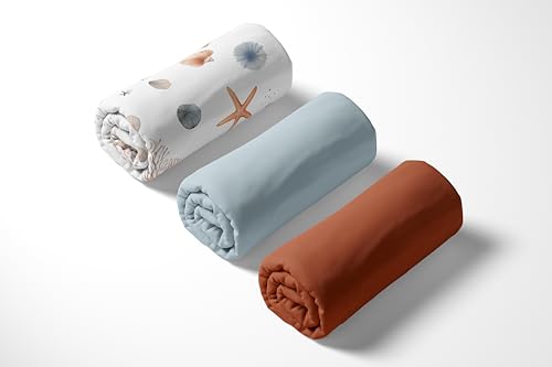 Image of Sweet Jojo Designs 3-Piece Baby Crib Sheets Set (Ocean Seashells) for Girls /Boys, Infant Nursery, Toddler Room - Fitted, Standard Size (Solid Blue and Rust Orange & Nautical, Beach Theme, Watercolor)