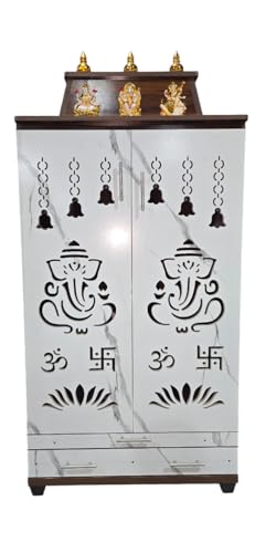 Image of 6 x 3 ft Wooden Pooja Mandir with kalasam | 36 inch L x 72 inch H x 12 inch D | White Marble Finish