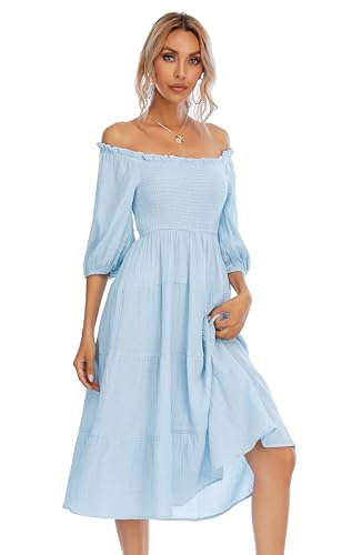 R.Vivimos Women's Summer Cotton Lantern Sleeves Ruffled Off Shoulder A-Line Midi Dresses (XL, SkyBlue)
