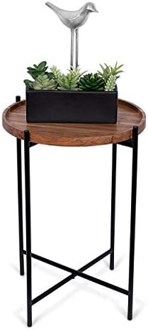 BIRDROCK HOME Folding Side Table with Removable Wood Tray - Black Metal Foldable Nightstand - Indoor Use Only - Bar Coffee Drinks Food Serving Tray - Decorative Modern End Accent - Natural Acacia