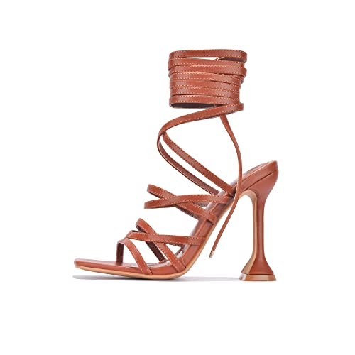 Cape Robbin Jenni Lace-Up Light Strappy Stiletto Flare Heel Open Toe Sandal Nude3