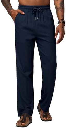 AVICHIC Men's Linen Pants Casual Linen Dress Pants Drawstring Lightweight Trousers for Beach Summer Navy L 28"
