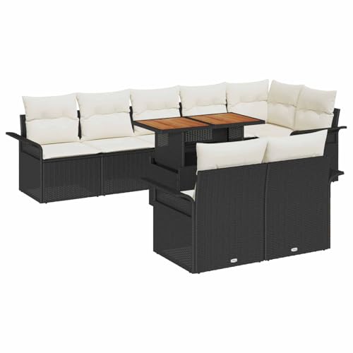 Foknhdi Juego de sofás de jardín de 9 piezas, color negro, polirratán, 100 x 55 x 73 cm, mesa de jardín modular, con espacio de almacenamiento, diseño moderno, robusto, para terraza, balcón y jardín