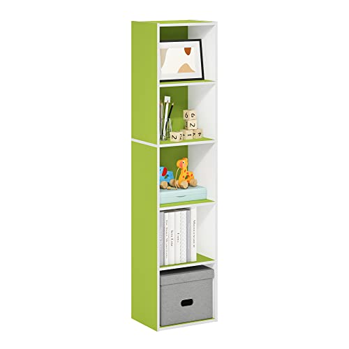 Image of Furinno PASIR Book Shelf, 5-Tier Modern Bookshelf, Open Shelves Bookcase 9 x 12 x 52, Easy Assembly, for Living Room, Bedroom, Home Office, Green /White