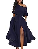 LILYIN Women’s Elegant Off Shoulder Short Sleeve Belted Side Slit Cocktail Party Swing Dress with Pockets (XL, Navy)