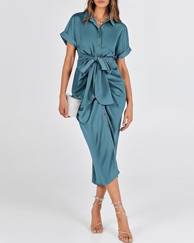 BTFBM Shirt Dresses for Women Button Down Short Sleeve Satin Ruched Maxi Spring Dress 2026 Cocktail Party Wedding Guest