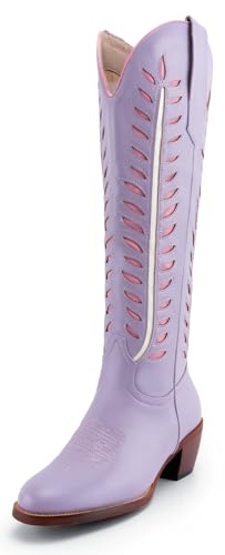 SIFINELAR Cowboy Boots for Women - Comfortable Knee High Round toe Cowgirl Boots with 2 Inch Chunky Heel for Girls